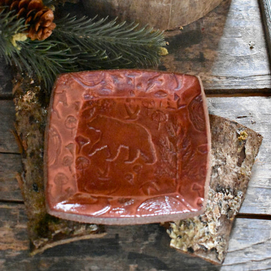 Woodland Trinket Dish with Bear - Red Glazed - Ring Holder - Appetizer Plate
