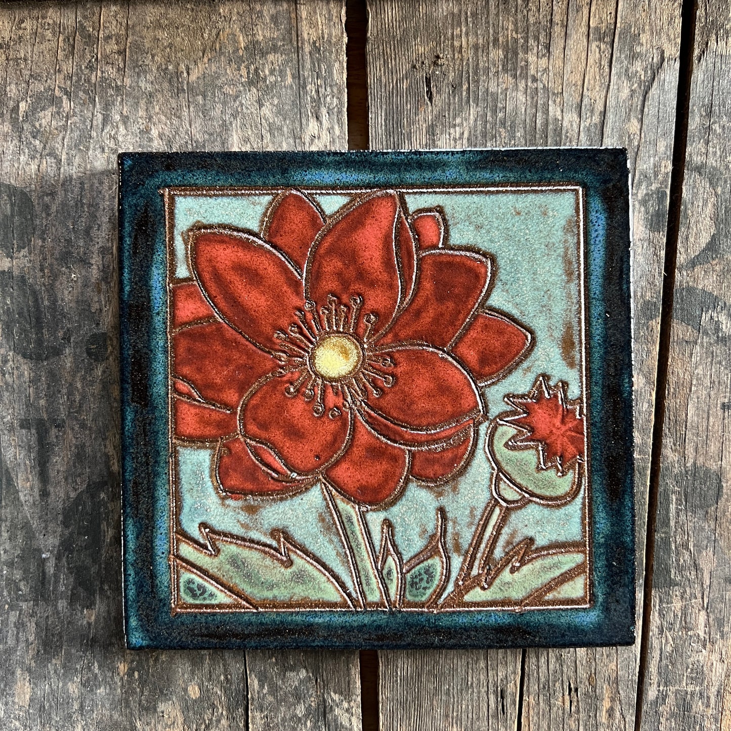 6” Poppy Tile - Arts and Crafts Tile - Ceramic Tile - Garden Decor