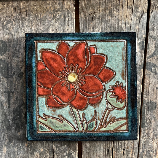 6” Poppy Tile - Arts and Crafts Tile - Ceramic Tile - Garden Decor