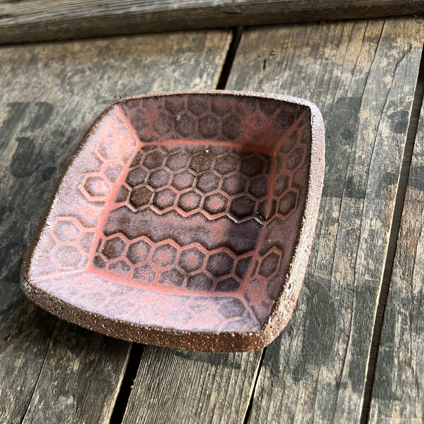 Little Pink Trinket Dish with Honeycomb - Ring Holder - Handmade Dessert Tray