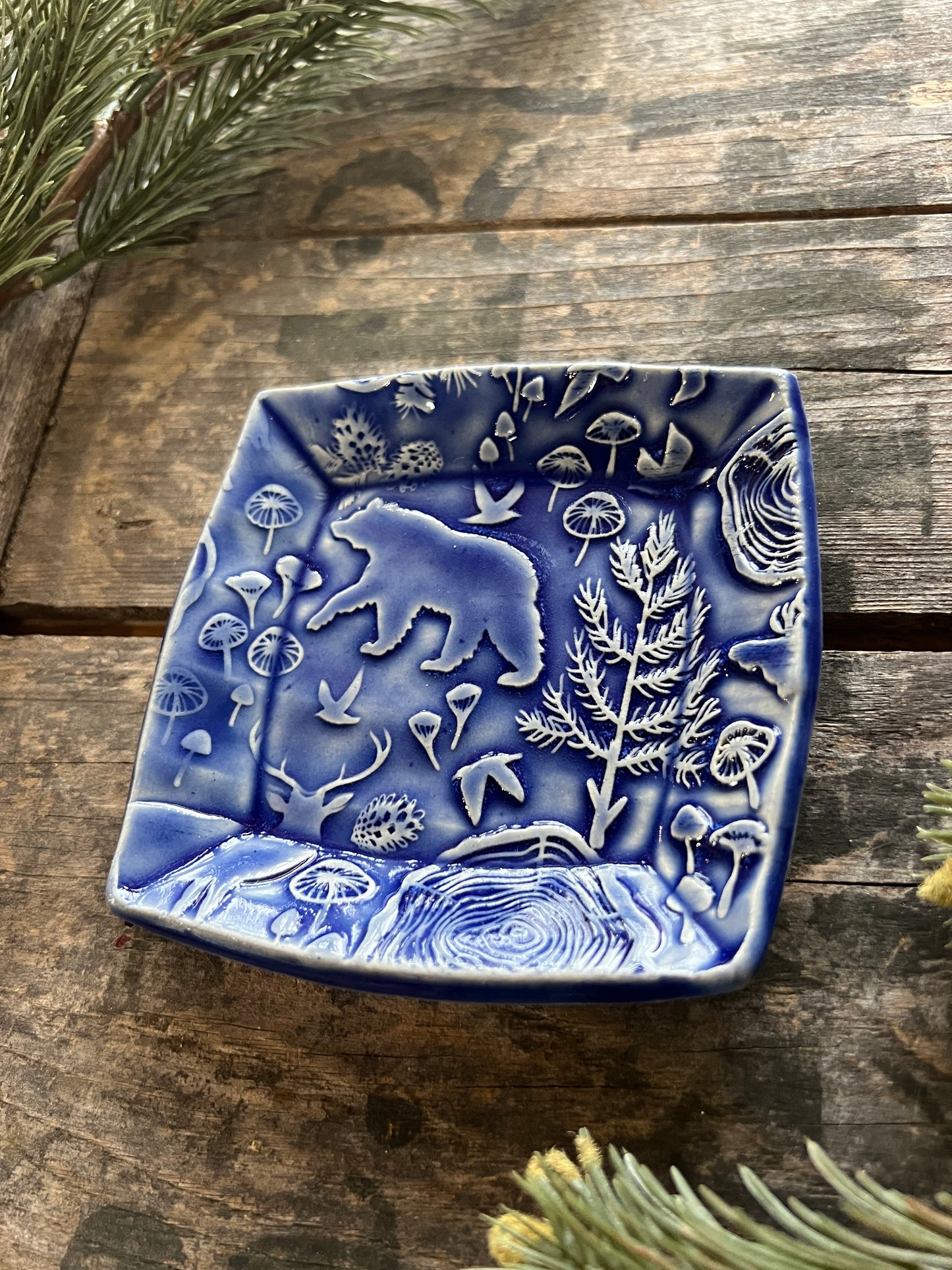 Blue Woodland Trinket Dish with Bear - Ring Holder - Handmade Dessert Tray