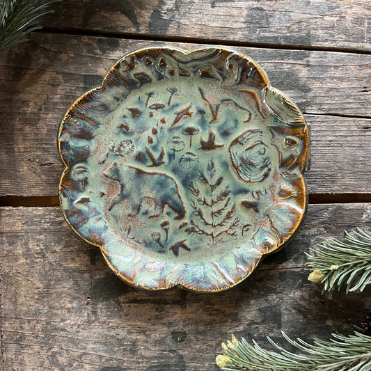 Scallop Edge Woodland Trinket Dish With Bear Trees Mushrooms - Ring Dish - Appetizer Plate