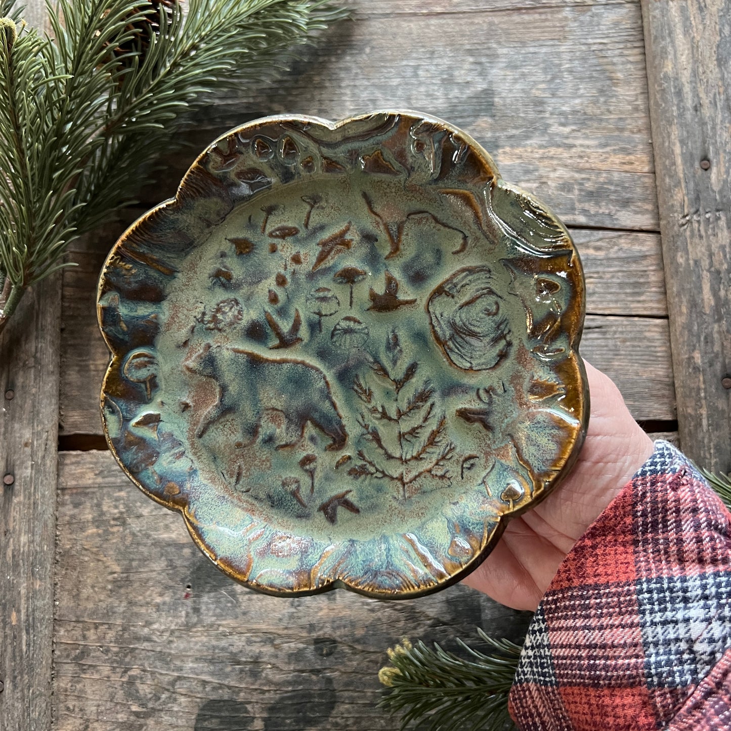 Scallop Edge Woodland Trinket Dish With Bear Trees Mushrooms - Ring Dish - Appetizer Plate