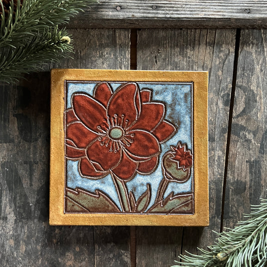6” Poppy Tile Trivet- Wall Hanging - Ceramic Tile - Boho Decor