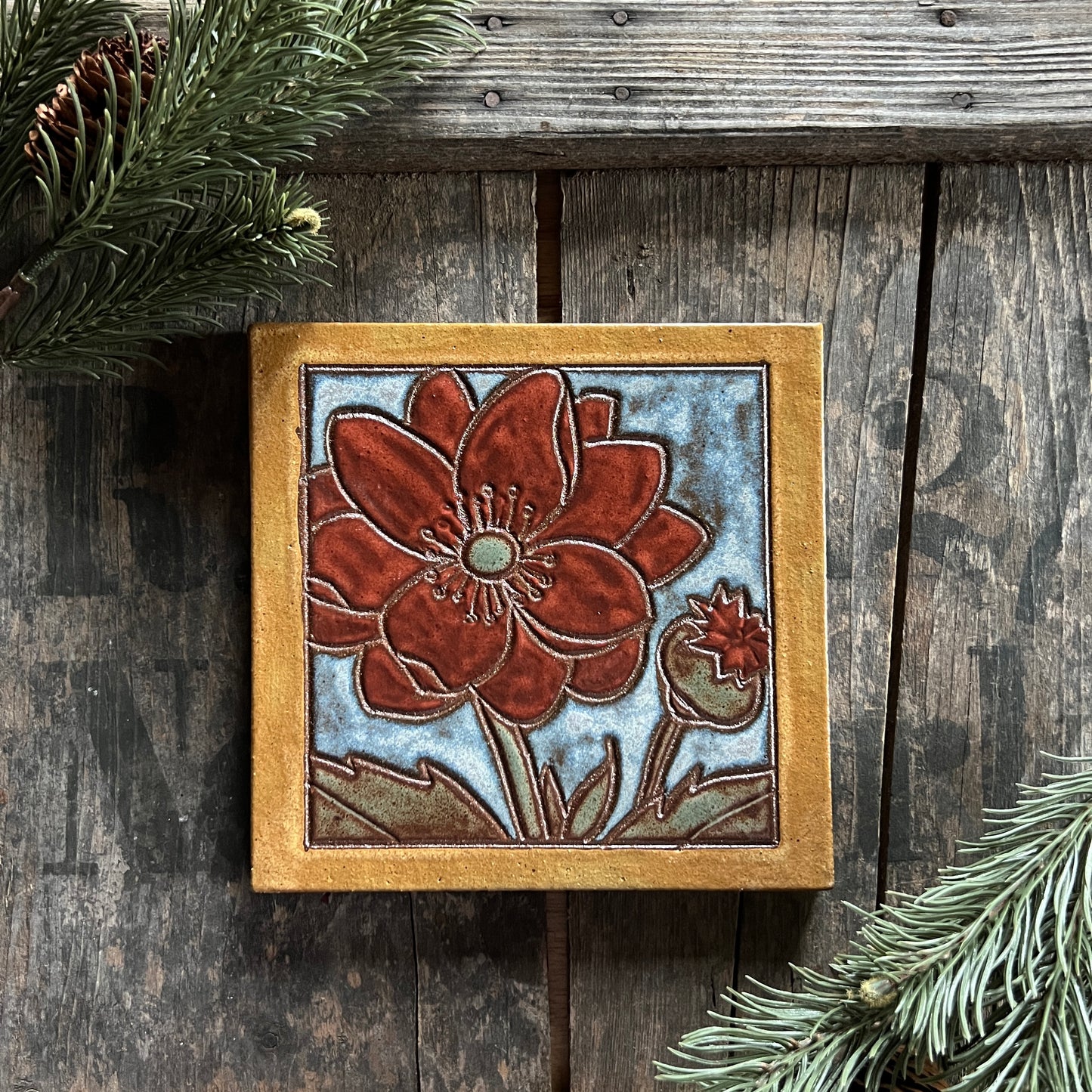 6” Poppy Tile Trivet- Wall Hanging - Ceramic Tile - Boho Decor