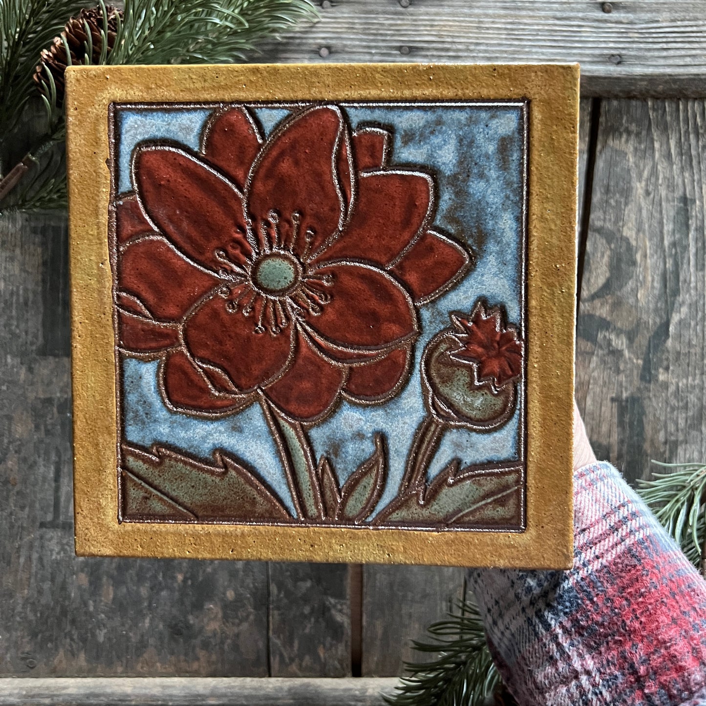 6” Poppy Tile Trivet- Wall Hanging - Ceramic Tile - Boho Decor