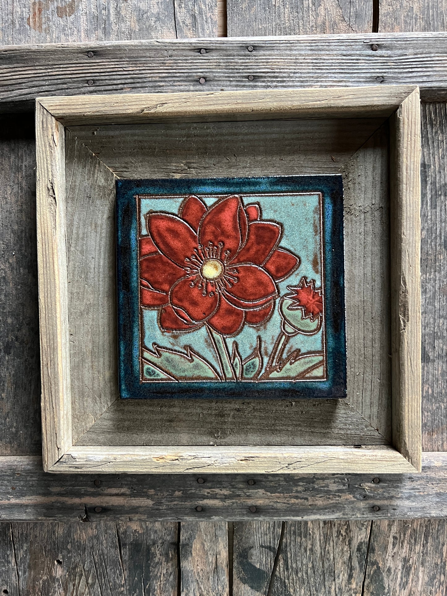 Framed Poppy Tile - Arts and Crafts Wall Art - Ceramic Tile - Home Decor