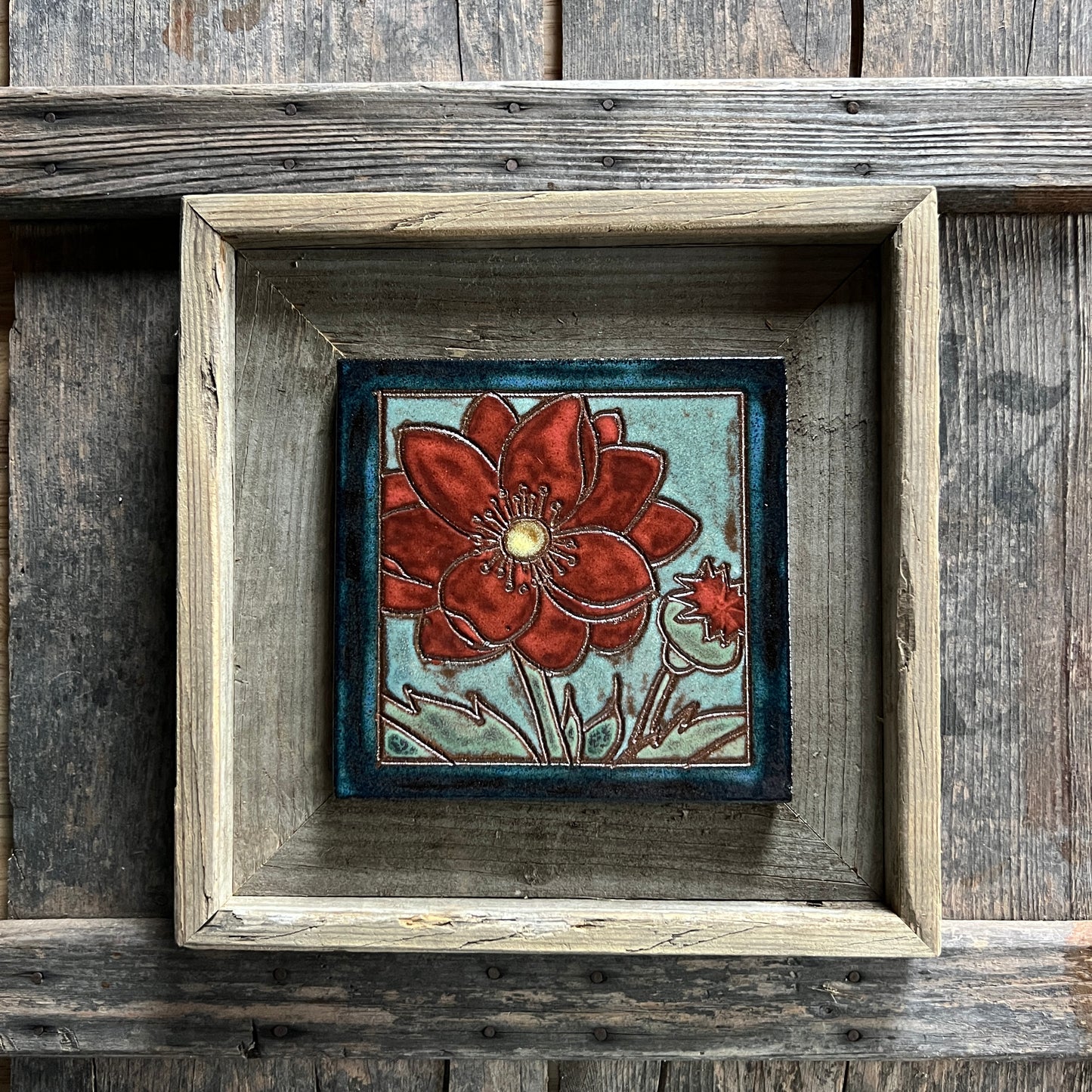 Framed Poppy Tile - Arts and Crafts Wall Art - Ceramic Tile - Home Decor