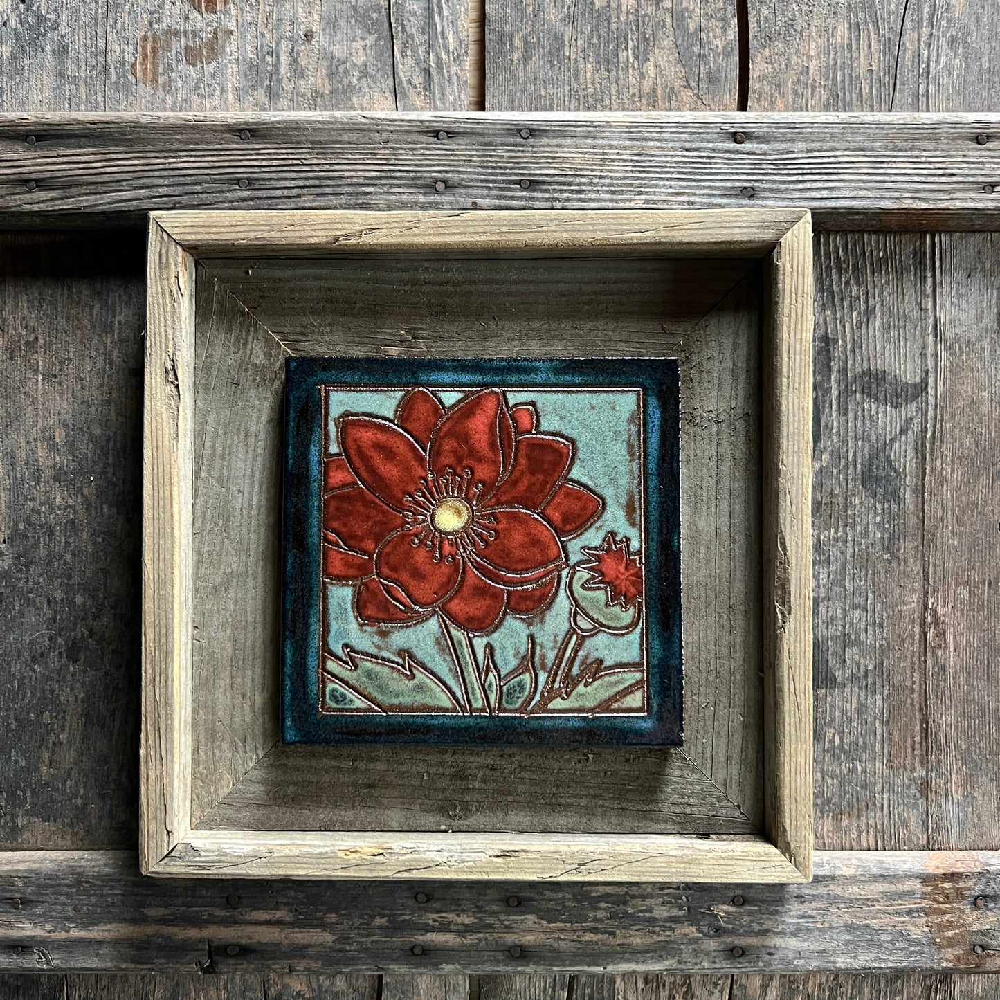 Framed Poppy Tile - Arts and Crafts Wall Art - Ceramic Tile - Home Decor