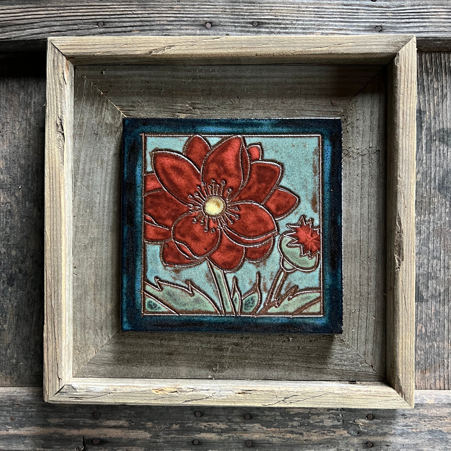 Framed Poppy Tile - Arts and Crafts Wall Art - Ceramic Tile - Home Decor