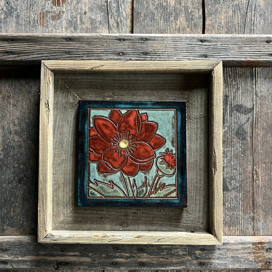 Framed Poppy Tile - Arts and Crafts Wall Art - Ceramic Tile - Home Decor